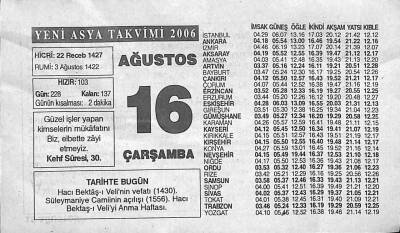 16 Ağustos 2006 Takvim Yaprağı - Doğum Günü Hediyesi EFM(N)9952 - 2