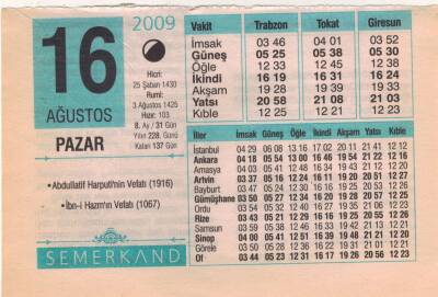 16 Ağustos 2009 Takvim Yaprağı EFM(N)2401 - 3