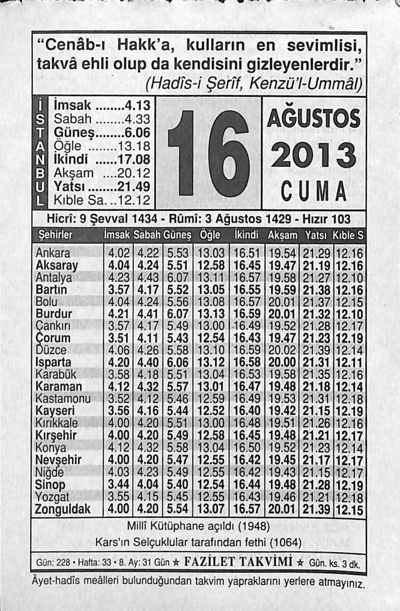 16 Ağustos 2013 Takvim Yaprağı - Doğum Günü Hediyesi EFMN13559 - 1