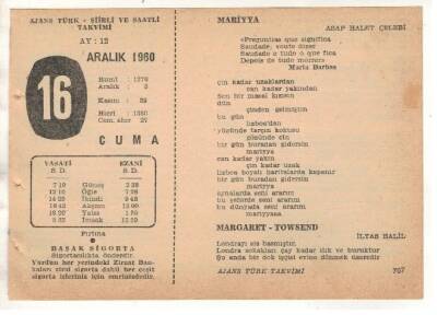 16 Aralık 1960 Ajans Türk Takvim Yaprağı (Şiirli Saatli) EFM(N) 1812 - 1