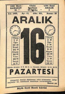 16 Aralık 1968 Takvim Yaprağı - Doğum Günü Hediyesi EFM(N)11060 - 1