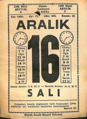 16 Aralık 1969 Takvim Yaprağı - Doğum Günü Hediyesi EFM(N)11376 - 1