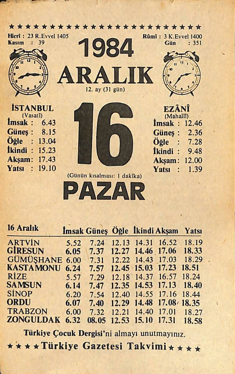 16 Aralık 1984 Takvim Yaprağı - Doğum Günü Hediyesi EFMN14508 - 1
