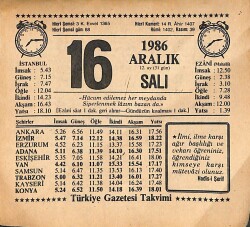 16 Aralık 1986 Takvim Yaprağı - Doğum Günü Hediyesi EFMN14857 - Gökçekoleksiyon