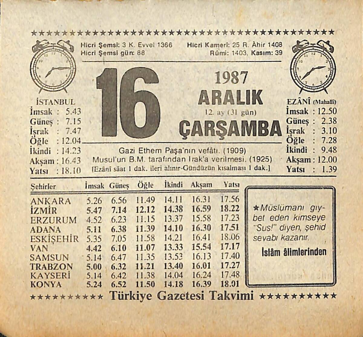 16 Aralık 1987 Takvim Yaprağı - Doğum Günü Hediyesi EFMN14995 - 1