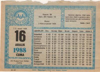 16 Aralık 1988 Takvim Yaprağı EFM(N)4482 - 3
