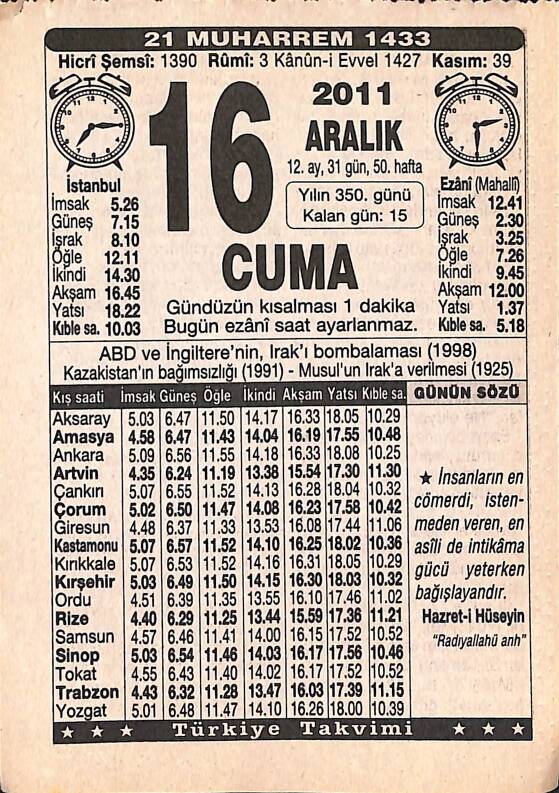 16 Aralık 2011 Takvim Yaprağı - Doğum Günü Hediyesi EFMN15243 - 1