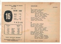 16 Ekim 1960 Ajans Türk Takvim Yaprağı (Şiirli Saatli) EFM(N) 1753 - 1