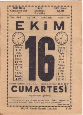 16 Ekim 1965 Takvim Yaprağı EFM(N)3549 - 3
