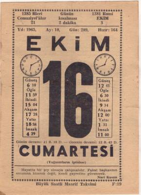 16 Ekim 1965 Takvim Yaprağı EFM(N)3549 - 1