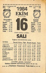 16 Ekim 1984 Takvim Yaprağı - Doğum Günü Hediyesi EFMN14567 - Gökçekoleksiyon