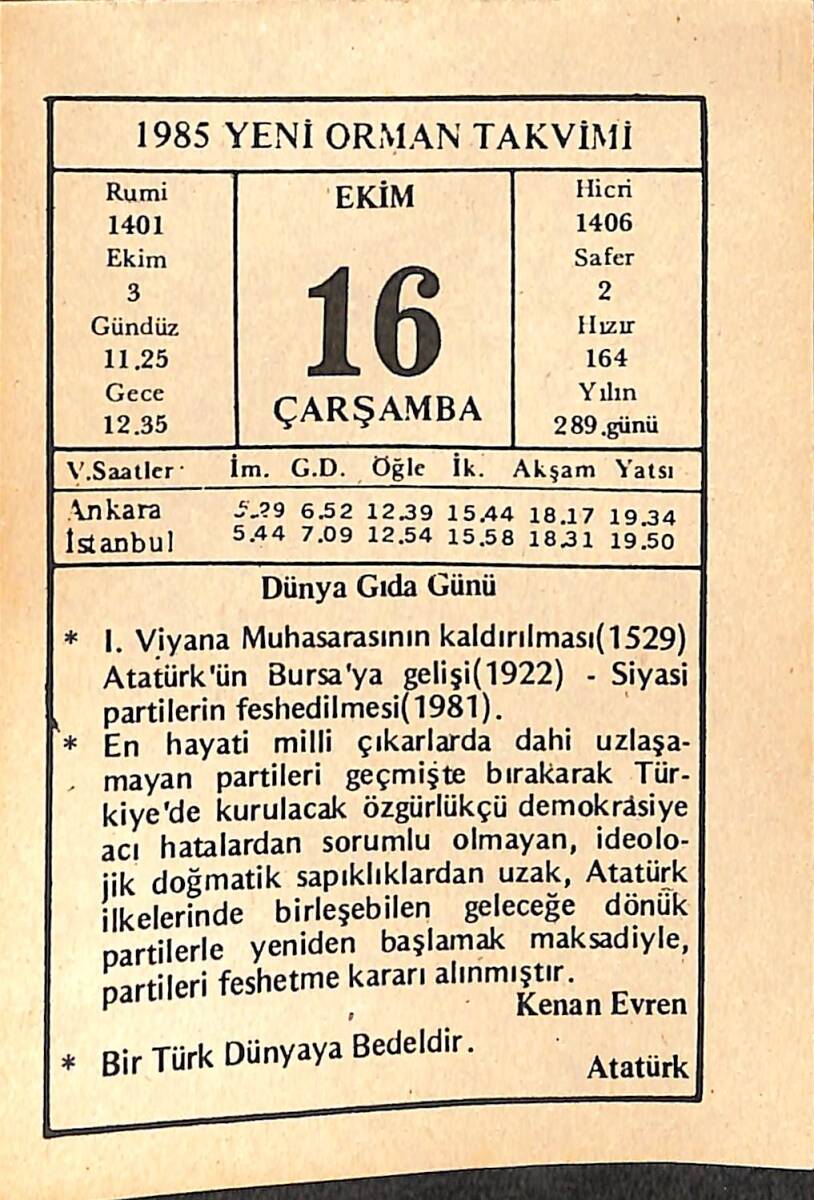 16 Ekim 1985 Takvim Yaprağı - Doğum Günü Hediyesi EFMN14953 - 1