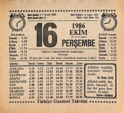 16 Ekim 1986 Takvim Yaprağı - Doğum Günü Hediyesi EFMN14915 - Gökçekoleksiyon