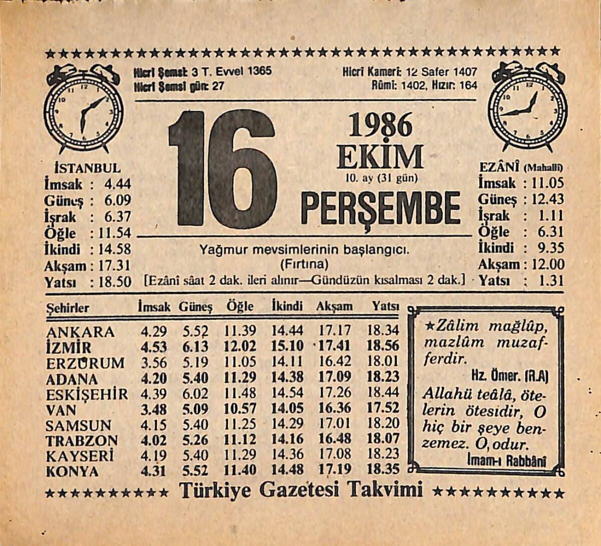 16 Ekim 1986 Takvim Yaprağı - Doğum Günü Hediyesi EFMN14915 - 1