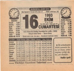 16 Ekim 1993 Takvim Yaprağı EFM(N)3172 - 3