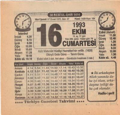16 Ekim 1993 Takvim Yaprağı EFM(N)3172 - 3