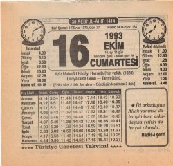 16 Ekim 1993 Takvim Yaprağı EFM(N)3172 - 1