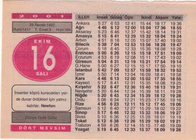 16 Ekim 2001 Takvim Yaprağı EFM(N)3737 - 3