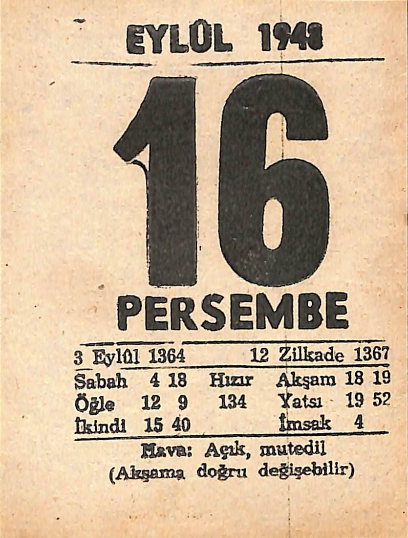 16 Eylül 1948 Takvim Yaprağı - Doğum Günü Hediyesi EFMN14391 - 1