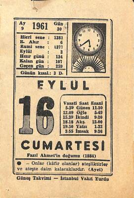 16 Eylül 1961 Takvim Yaprağı - Doğum Günü Hediyesi EFM(N)11244 - 1