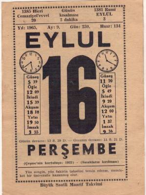 16 Eylül 1965 Takvim Yaprağı EFM(N)3624 - 1