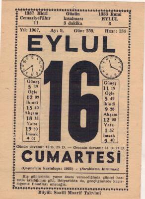 16 Eylül 1967 Takvim Yaprağı EFM(N)3623 - 1
