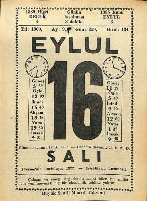 16 Eylül 1969 Takvim Yaprağı - Doğum Günü Hediyesi EFM(N)11142 - 1