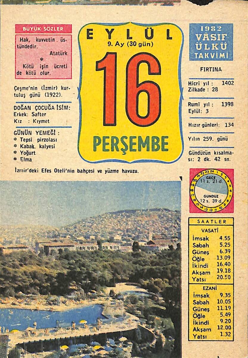 16 Eylül 1982 Takvim Yaprağı - Doğum Günü Hediyesi EFMN13528 - 1