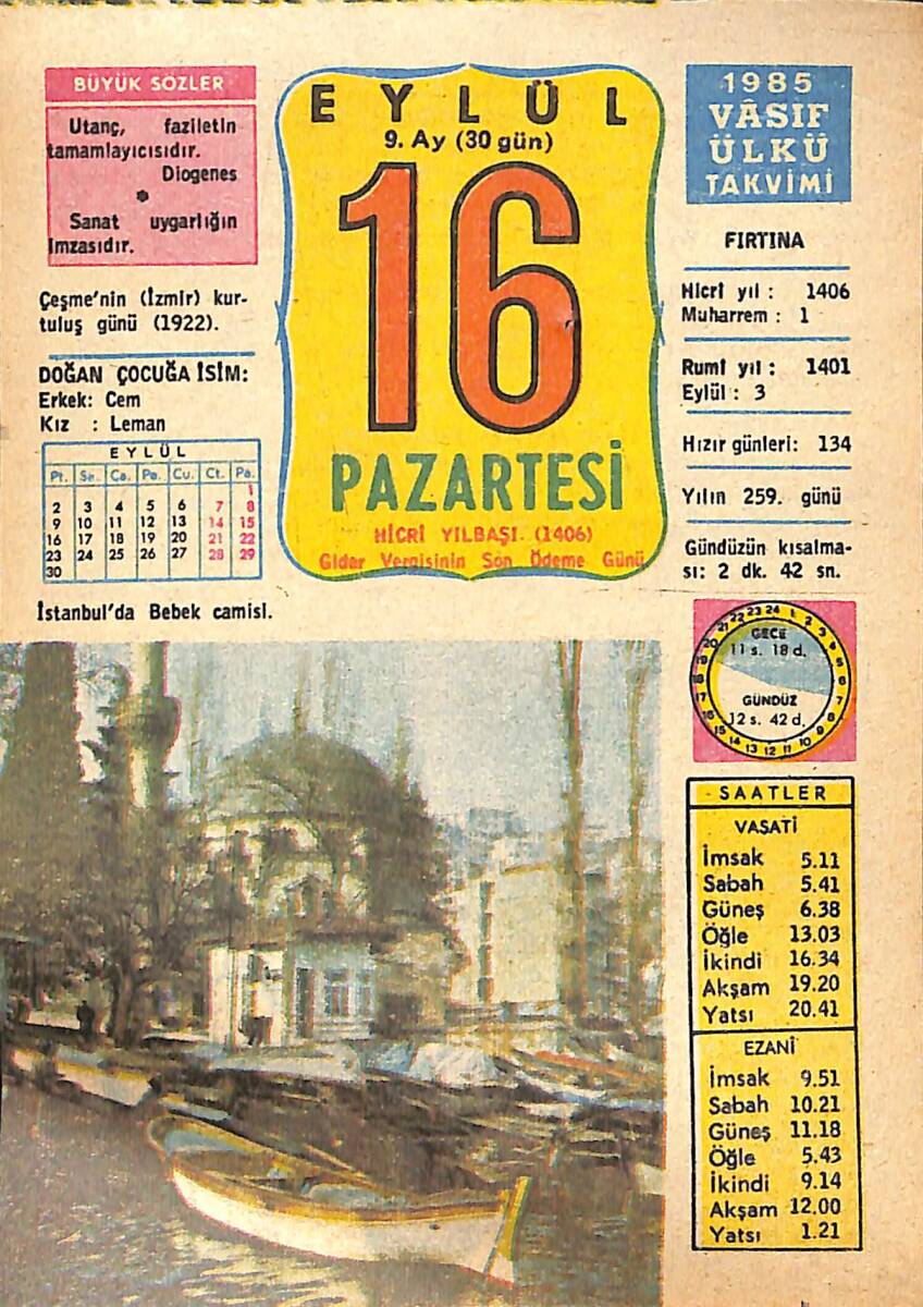 16 Eylül 1985 Takvim Yaprağı - Doğum Günü Hediyesi EFMN14010 - 1