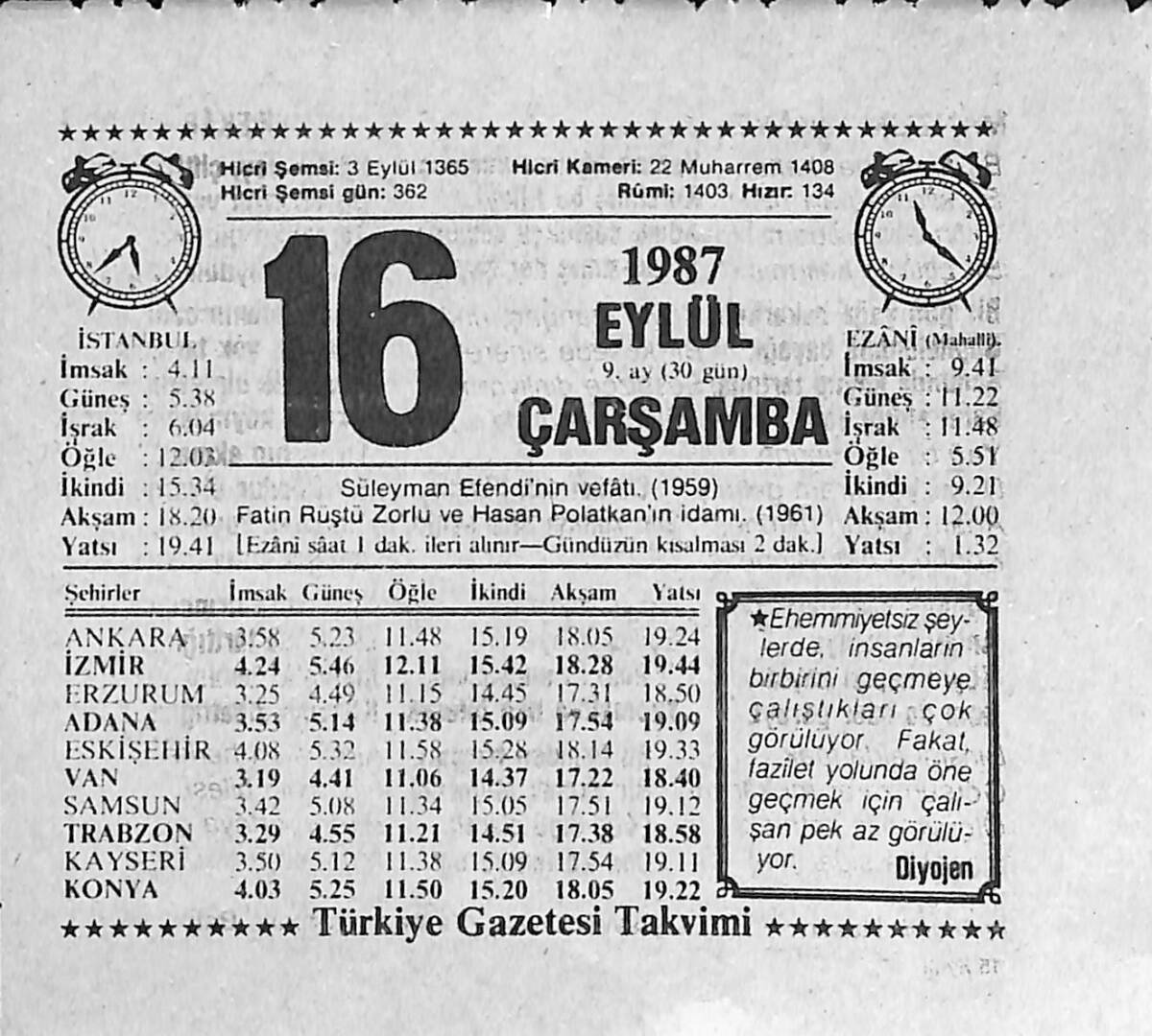 16 Eylül 1987 Takvim Yaprağı - Doğum Günü Hediyesi EFMN13951 - 1