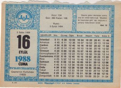 16 Eylül 1988 Takvim Yaprağı EFM(N)2905 - 3
