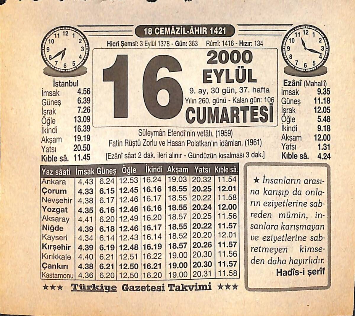16 Eylül 2000 Takvim Yaprağı - Doğum Günü Hediyesi EFMN14244 - 1