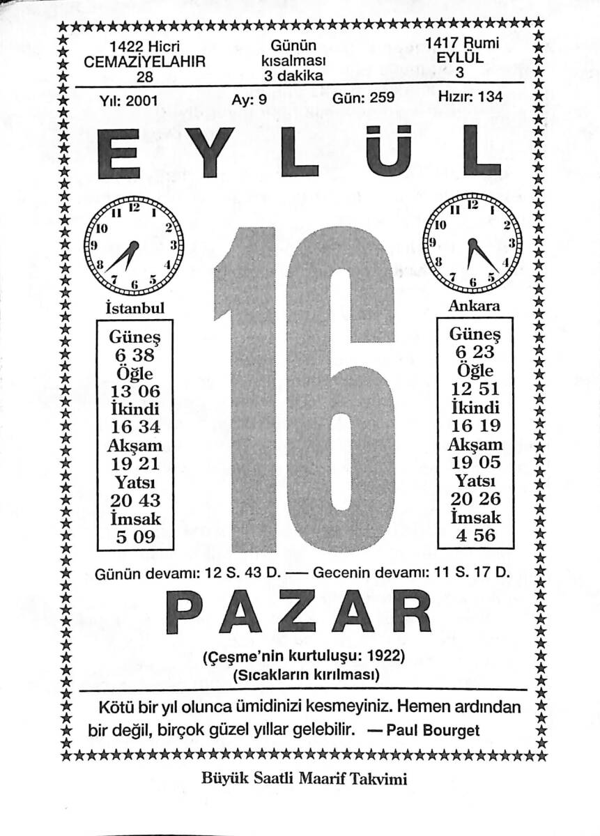 16 Eylül 2001 Takvim Yaprağı - Doğum Günü Hediyesi EFMN14183 - 1