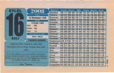 16 Eylül 2008 Takvim Yaprağı EFM(N)2956 - 3