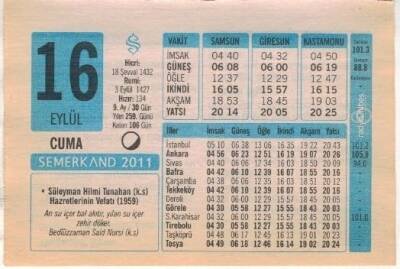 16 Eylül 2011 Takvim Yaprağı EFM(N)1304 - 3