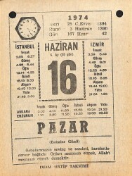 16 Haziran 1974 Takvim Yaprağı - Doğum Günü Hediyesi EFM(N)11959 - Gökçekoleksiyon