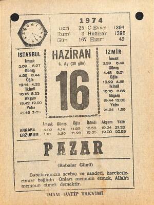 16 Haziran 1974 Takvim Yaprağı - Doğum Günü Hediyesi EFM(N)11959 - 1