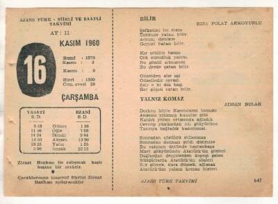 16 Kasım 1960 Ajans Türk Takvim Yaprağı (Şiirli Saatli) EFM(N) 1782 - 2