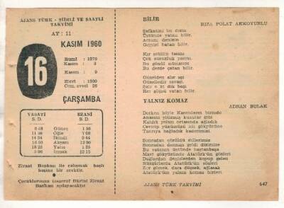 16 Kasım 1960 Ajans Türk Takvim Yaprağı (Şiirli Saatli) EFM(N) 1782 - 1