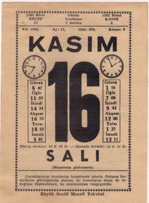 16 Kasım 1965 Takvim Yaprağı EFM(N)3686 - 1
