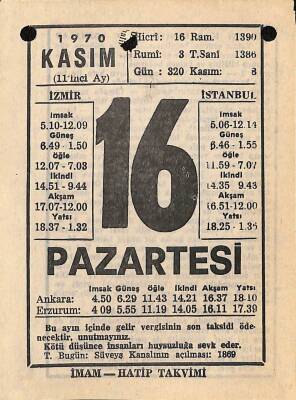 16 Kasım 1970 Takvim Yaprağı - Doğum Günü Hediyesi EFM(N)10748 - 4