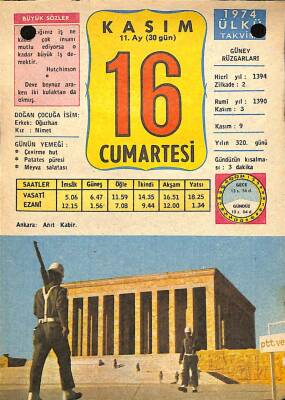 16 Kasım 1974 Takvim Yaprağı - Doğum Günü Hediyesi EFM(N)10689 - 2