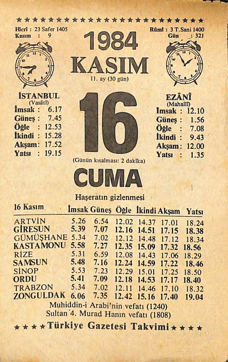 16 Kasım 1984 Takvim Yaprağı - Doğum Günü Hediyesi EFMN14536 - 1