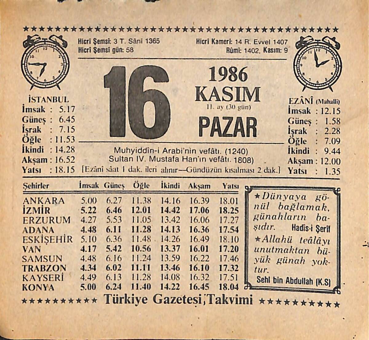16 Kasım 1986 Takvim Yaprağı - Doğum Günü Hediyesi EFMN14886 - 1