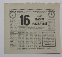 16 Kasım 1987 Takvim Yaprağı - Doğum Günü Hediyesi EFM(N)7155 - Gökçekoleksiyon