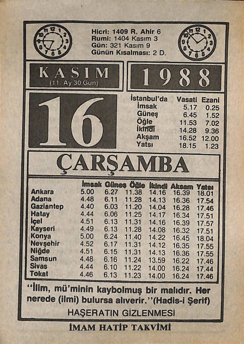 16 Kasım 1988 Takvim Yaprağı - Doğum Günü Hediyesi EFMN14614 - 1
