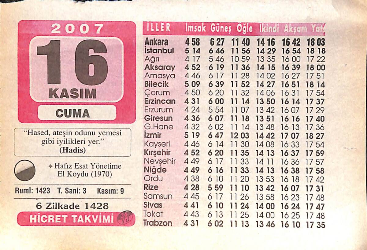16 Kasım 2007 Takvim Yaprağı - Doğum Günü Hediyesi EFMN16005 - 1