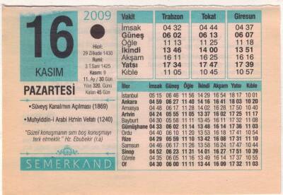 16 Kasım 2009 Takvim Yaprağı EFM(N)3840 - 1