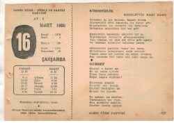 16 Mart 1960 Ajans Türk Takvim Yaprağı (Şiirli Saatli) EFM(N)1543 - 2