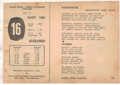 16 Mart 1960 Ajans Türk Takvim Yaprağı (Şiirli Saatli) EFM(N)1543 - 2